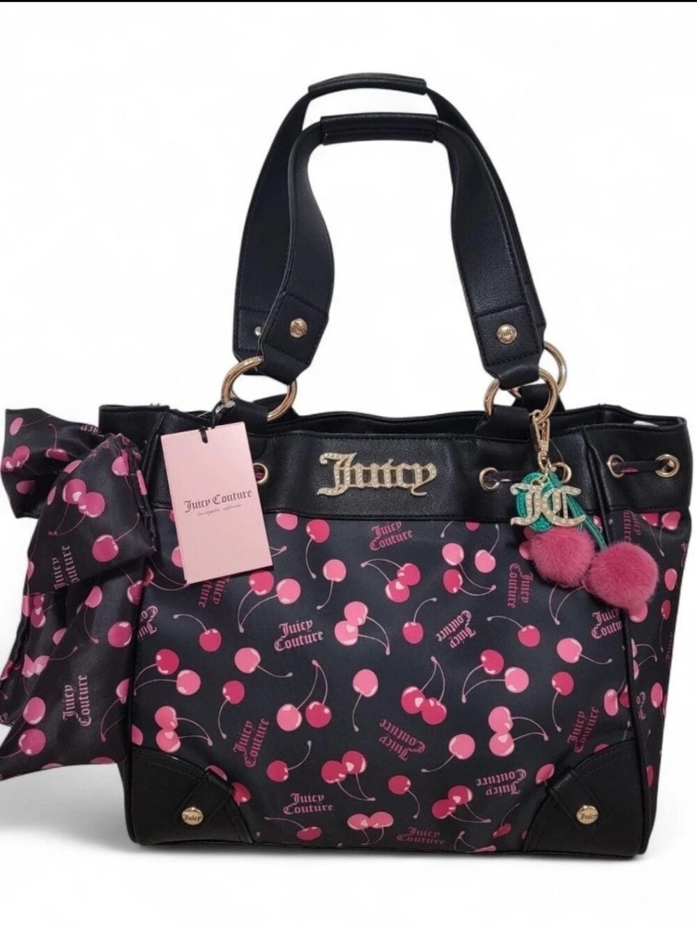 👉✨️Juicy Couture Black & Pink Cherry Print Tote  Daydreamer Bag